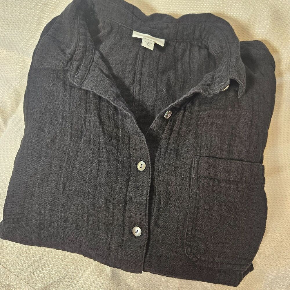 purejill relaxed gauze button front oversized top womens Med black